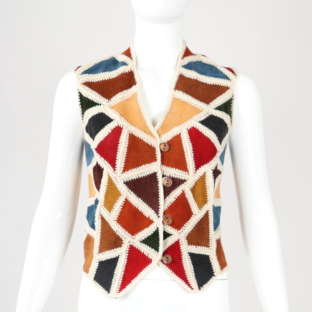 Vintage Suede Crochet Patchwork Vest Sz S